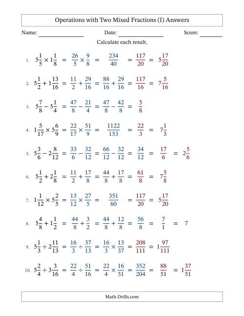 The Operations with Two Mixed Fractions with Similar Denominators, Mixed Fractions Results and Some Simplifying (Fillable) (I) Math Worksheet Page 2