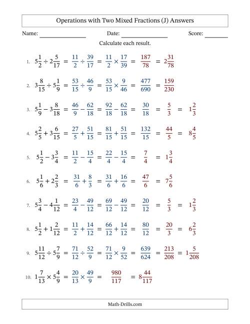 The Operations with Two Mixed Fractions with Similar Denominators, Mixed Fractions Results and Some Simplifying (Fillable) (J) Math Worksheet Page 2