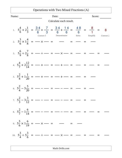 The Operations with Two Mixed Fractions with Similar Denominators, Mixed Fractions Results and Some Simplifying (Fillable) (All) Math Worksheet