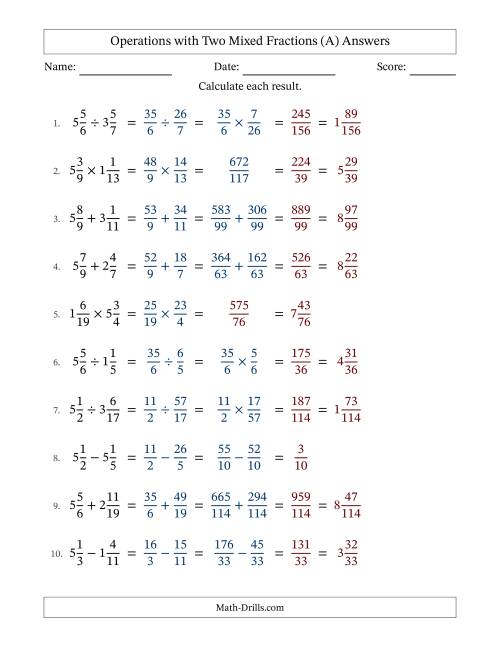 The Operations with Two Mixed Fractions with Unlike Denominators, Mixed Fractions Results and No Simplifying (Fillable) (A) Math Worksheet Page 2