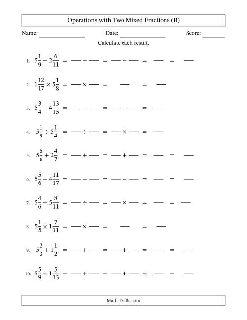 The Operations with Two Mixed Fractions with Unlike Denominators, Mixed Fractions Results and No Simplifying (Fillable) (B) Math Worksheet