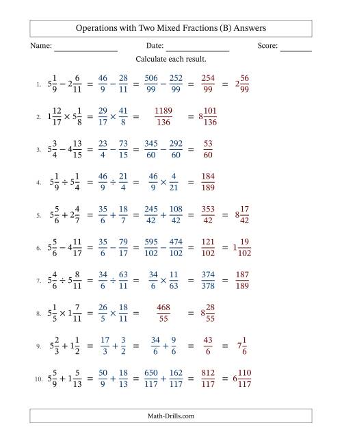 The Operations with Two Mixed Fractions with Unlike Denominators, Mixed Fractions Results and No Simplifying (Fillable) (B) Math Worksheet Page 2