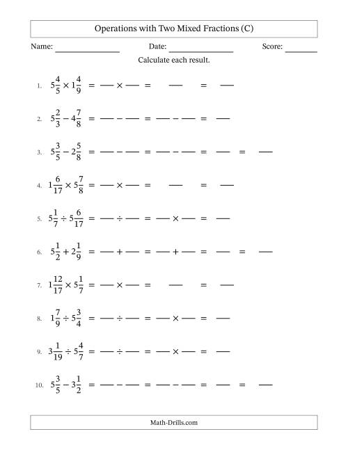 The Operations with Two Mixed Fractions with Unlike Denominators, Mixed Fractions Results and No Simplifying (Fillable) (C) Math Worksheet