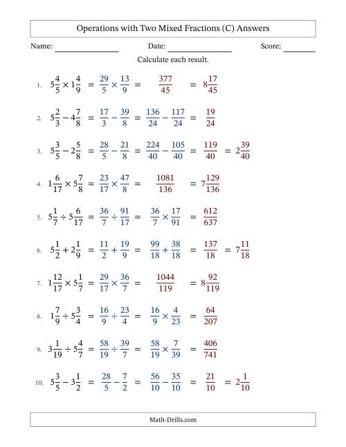 The Operations with Two Mixed Fractions with Unlike Denominators, Mixed Fractions Results and No Simplifying (Fillable) (C) Math Worksheet Page 2