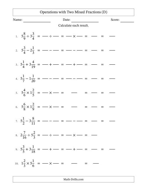 The Operations with Two Mixed Fractions with Unlike Denominators, Mixed Fractions Results and No Simplifying (Fillable) (D) Math Worksheet