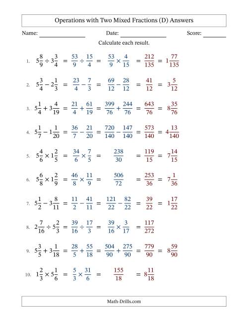 The Operations with Two Mixed Fractions with Unlike Denominators, Mixed Fractions Results and No Simplifying (Fillable) (D) Math Worksheet Page 2