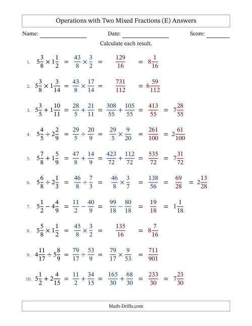 The Operations with Two Mixed Fractions with Unlike Denominators, Mixed Fractions Results and No Simplifying (Fillable) (E) Math Worksheet Page 2