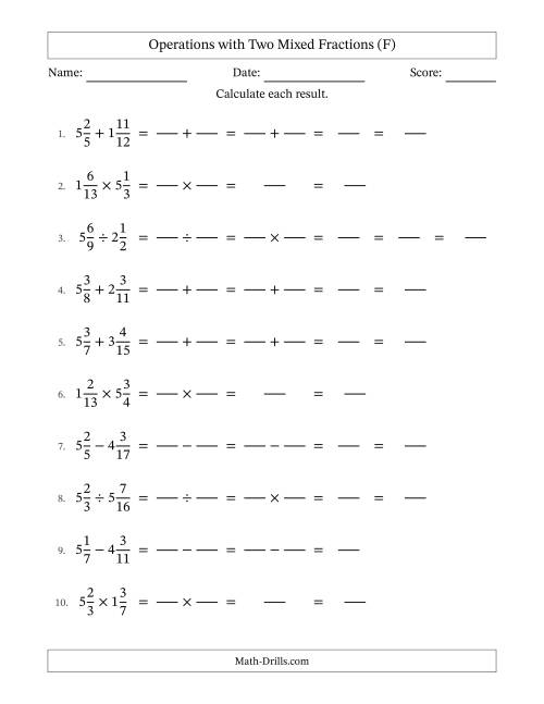 The Operations with Two Mixed Fractions with Unlike Denominators, Mixed Fractions Results and No Simplifying (Fillable) (F) Math Worksheet