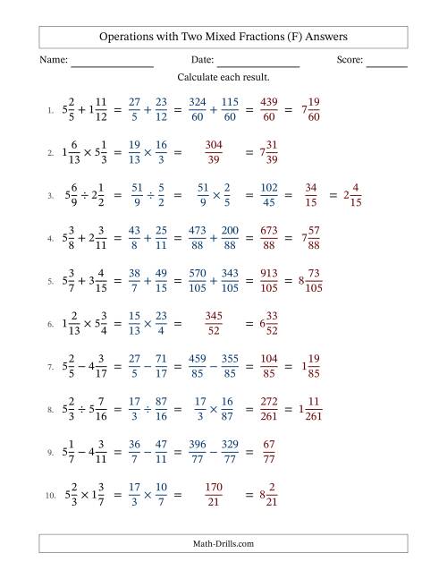 The Operations with Two Mixed Fractions with Unlike Denominators, Mixed Fractions Results and No Simplifying (Fillable) (F) Math Worksheet Page 2