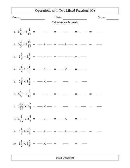 The Operations with Two Mixed Fractions with Unlike Denominators, Mixed Fractions Results and No Simplifying (Fillable) (G) Math Worksheet