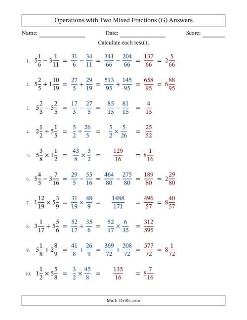 The Operations with Two Mixed Fractions with Unlike Denominators, Mixed Fractions Results and No Simplifying (Fillable) (G) Math Worksheet Page 2