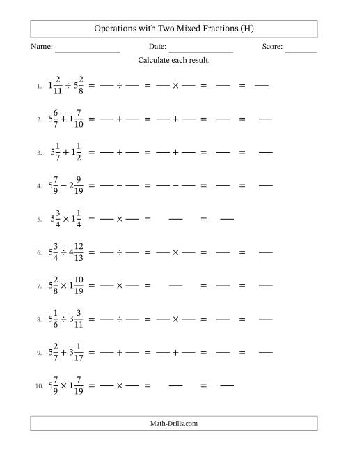 The Operations with Two Mixed Fractions with Unlike Denominators, Mixed Fractions Results and No Simplifying (Fillable) (H) Math Worksheet
