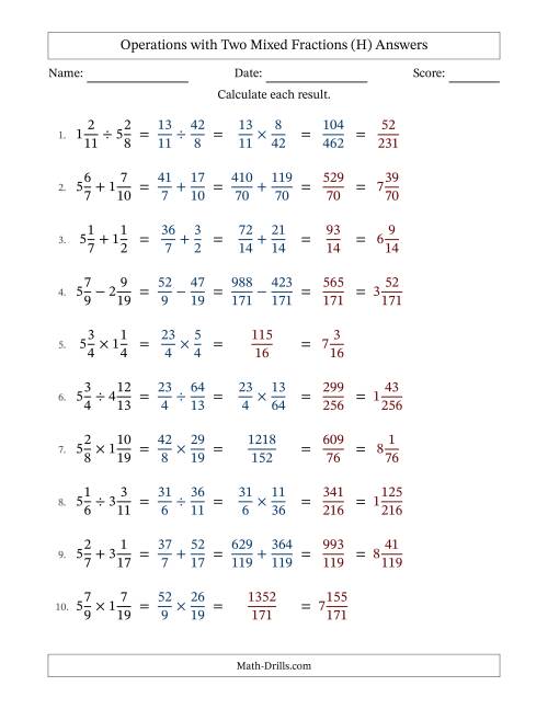The Operations with Two Mixed Fractions with Unlike Denominators, Mixed Fractions Results and No Simplifying (Fillable) (H) Math Worksheet Page 2