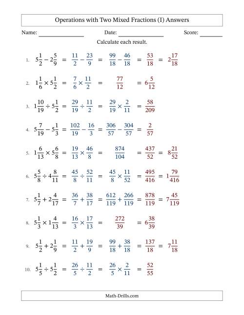 The Operations with Two Mixed Fractions with Unlike Denominators, Mixed Fractions Results and No Simplifying (Fillable) (I) Math Worksheet Page 2