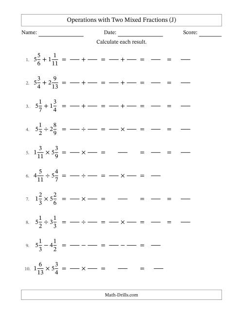 The Operations with Two Mixed Fractions with Unlike Denominators, Mixed Fractions Results and No Simplifying (Fillable) (J) Math Worksheet