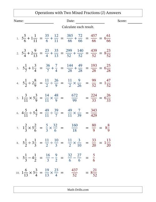 The Operations with Two Mixed Fractions with Unlike Denominators, Mixed Fractions Results and No Simplifying (Fillable) (J) Math Worksheet Page 2