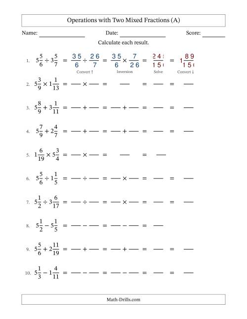 The Operations with Two Mixed Fractions with Unlike Denominators, Mixed Fractions Results and No Simplifying (Fillable) (All) Math Worksheet