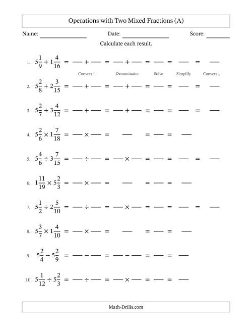 The Operations with Two Mixed Fractions with Unlike Denominators, Mixed Fractions Results and All Simplifying (Fillable) (A) Math Worksheet
