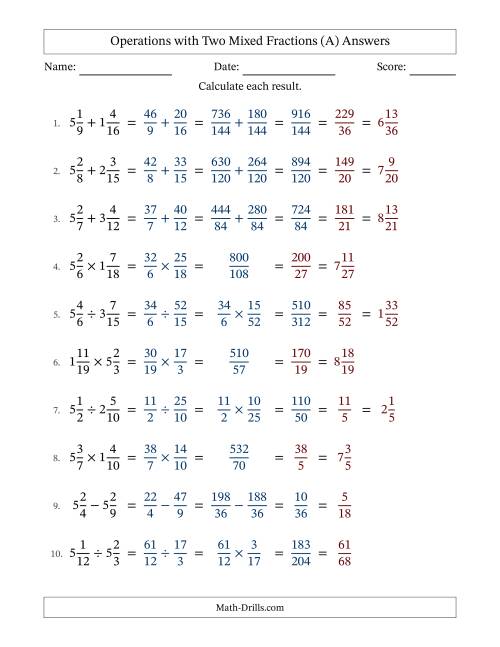 The Operations with Two Mixed Fractions with Unlike Denominators, Mixed Fractions Results and All Simplifying (Fillable) (A) Math Worksheet Page 2