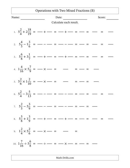 The Operations with Two Mixed Fractions with Unlike Denominators, Mixed Fractions Results and All Simplifying (Fillable) (B) Math Worksheet