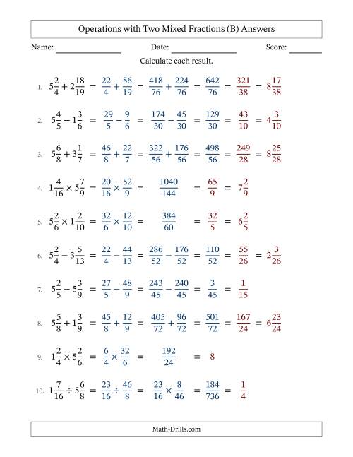 The Operations with Two Mixed Fractions with Unlike Denominators, Mixed Fractions Results and All Simplifying (Fillable) (B) Math Worksheet Page 2