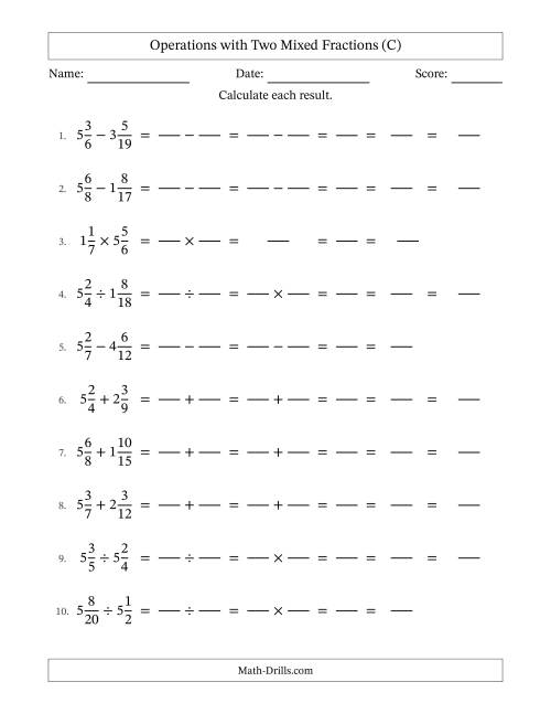 The Operations with Two Mixed Fractions with Unlike Denominators, Mixed Fractions Results and All Simplifying (Fillable) (C) Math Worksheet