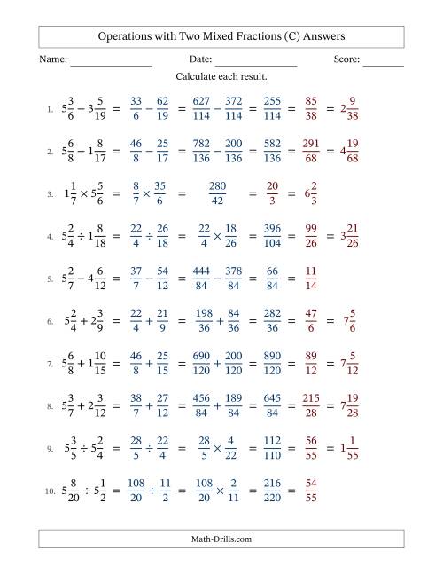 The Operations with Two Mixed Fractions with Unlike Denominators, Mixed Fractions Results and All Simplifying (Fillable) (C) Math Worksheet Page 2