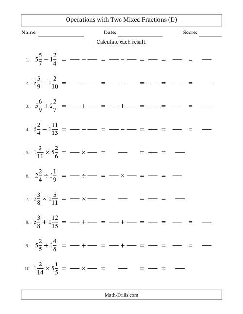 The Operations with Two Mixed Fractions with Unlike Denominators, Mixed Fractions Results and All Simplifying (Fillable) (D) Math Worksheet