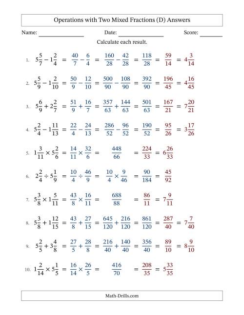 The Operations with Two Mixed Fractions with Unlike Denominators, Mixed Fractions Results and All Simplifying (Fillable) (D) Math Worksheet Page 2