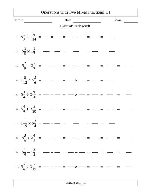 The Operations with Two Mixed Fractions with Unlike Denominators, Mixed Fractions Results and All Simplifying (Fillable) (E) Math Worksheet