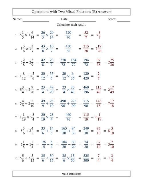 The Operations with Two Mixed Fractions with Unlike Denominators, Mixed Fractions Results and All Simplifying (Fillable) (E) Math Worksheet Page 2