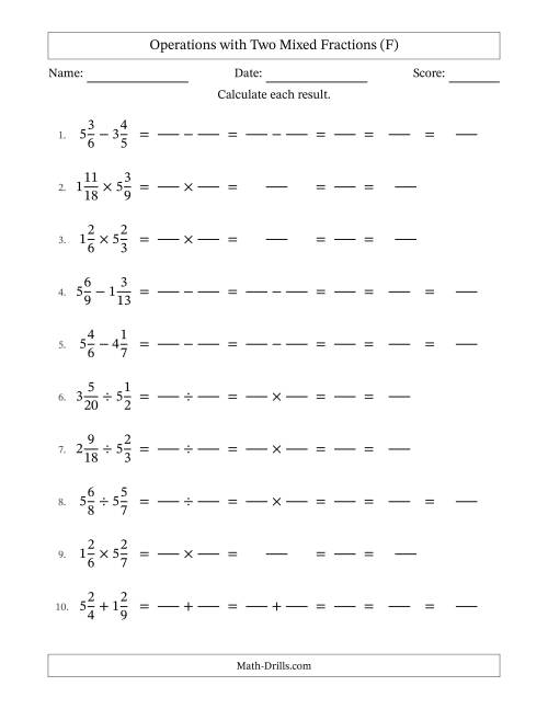 The Operations with Two Mixed Fractions with Unlike Denominators, Mixed Fractions Results and All Simplifying (Fillable) (F) Math Worksheet