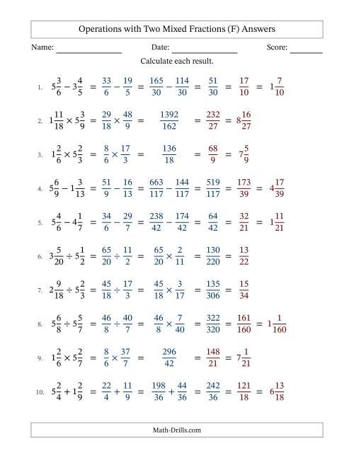 The Operations with Two Mixed Fractions with Unlike Denominators, Mixed Fractions Results and All Simplifying (Fillable) (F) Math Worksheet Page 2