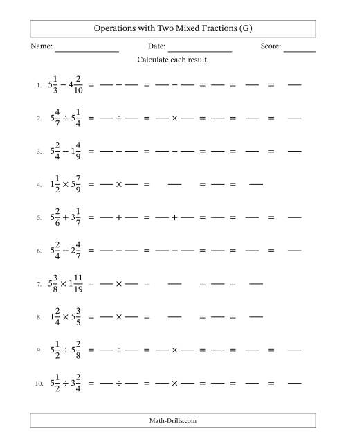 The Operations with Two Mixed Fractions with Unlike Denominators, Mixed Fractions Results and All Simplifying (Fillable) (G) Math Worksheet