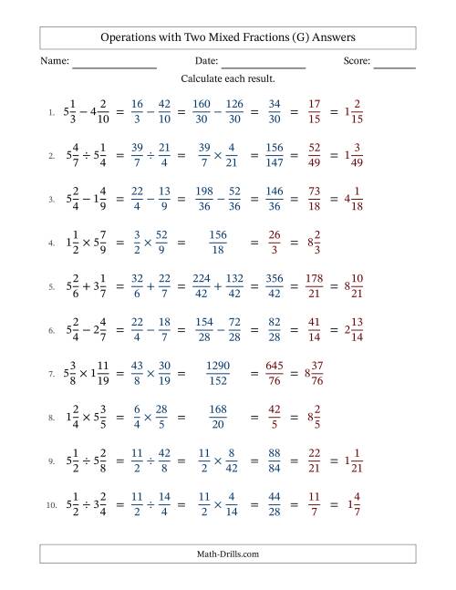 The Operations with Two Mixed Fractions with Unlike Denominators, Mixed Fractions Results and All Simplifying (Fillable) (G) Math Worksheet Page 2