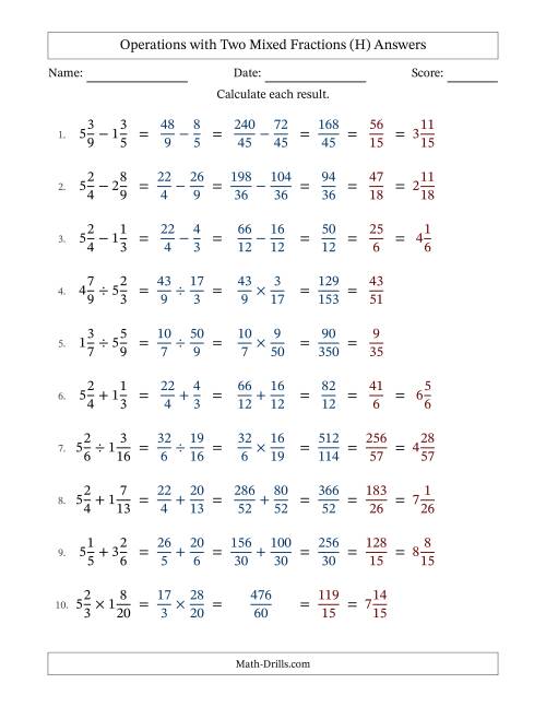 The Operations with Two Mixed Fractions with Unlike Denominators, Mixed Fractions Results and All Simplifying (Fillable) (H) Math Worksheet Page 2