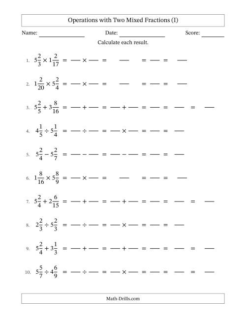 The Operations with Two Mixed Fractions with Unlike Denominators, Mixed Fractions Results and All Simplifying (Fillable) (I) Math Worksheet