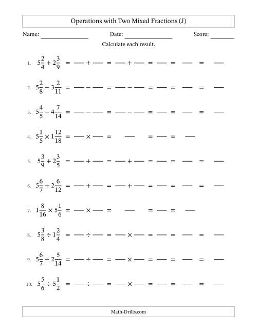The Operations with Two Mixed Fractions with Unlike Denominators, Mixed Fractions Results and All Simplifying (Fillable) (J) Math Worksheet