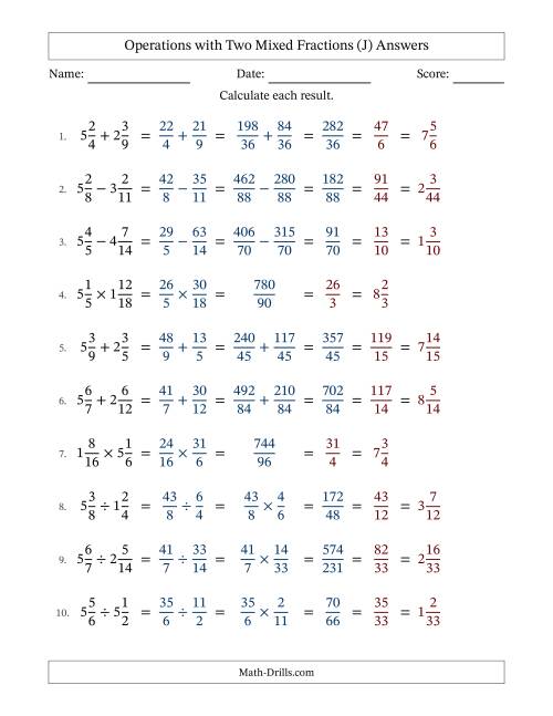 The Operations with Two Mixed Fractions with Unlike Denominators, Mixed Fractions Results and All Simplifying (Fillable) (J) Math Worksheet Page 2
