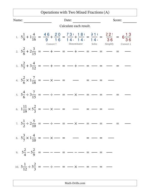 The Operations with Two Mixed Fractions with Unlike Denominators, Mixed Fractions Results and All Simplifying (Fillable) (All) Math Worksheet