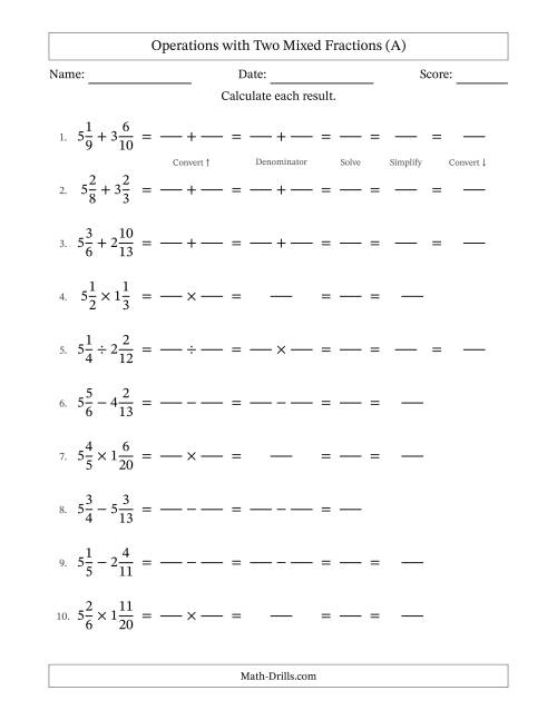 The Operations with Two Mixed Fractions with Unlike Denominators, Mixed Fractions Results and Some Simplifying (Fillable) (A) Math Worksheet