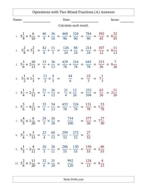 The Operations with Two Mixed Fractions with Unlike Denominators, Mixed Fractions Results and Some Simplifying (Fillable) (A) Math Worksheet Page 2