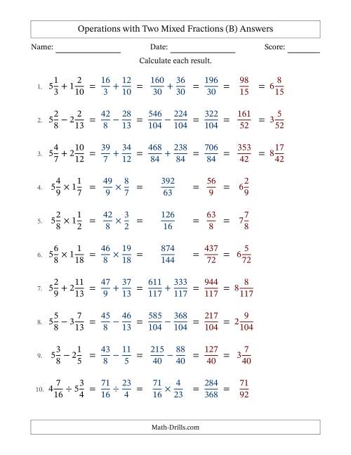 The Operations with Two Mixed Fractions with Unlike Denominators, Mixed Fractions Results and Some Simplifying (Fillable) (B) Math Worksheet Page 2