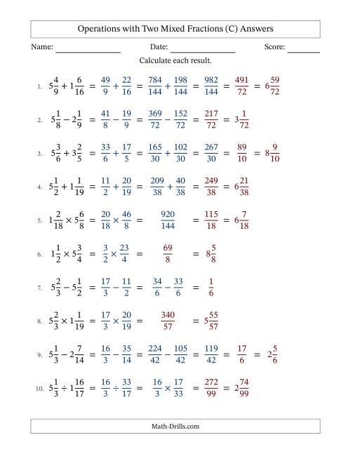 The Operations with Two Mixed Fractions with Unlike Denominators, Mixed Fractions Results and Some Simplifying (Fillable) (C) Math Worksheet Page 2