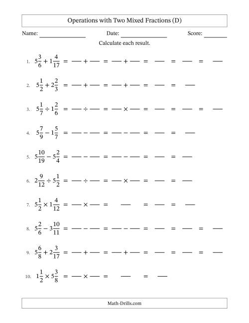 The Operations with Two Mixed Fractions with Unlike Denominators, Mixed Fractions Results and Some Simplifying (Fillable) (D) Math Worksheet