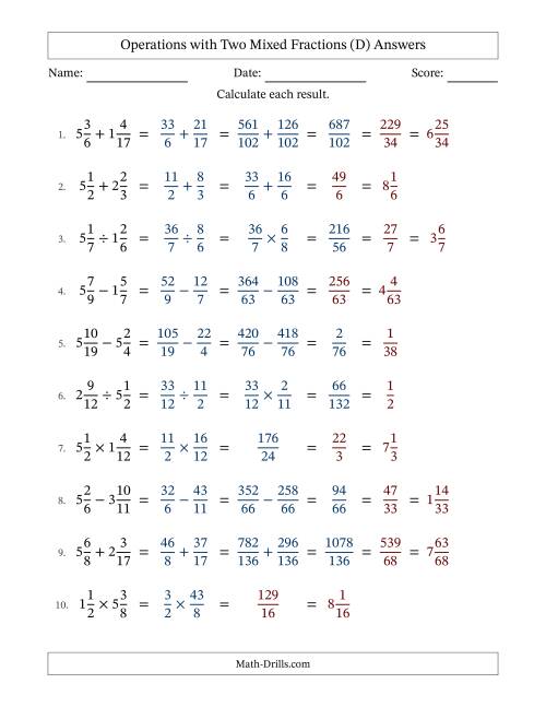 The Operations with Two Mixed Fractions with Unlike Denominators, Mixed Fractions Results and Some Simplifying (Fillable) (D) Math Worksheet Page 2