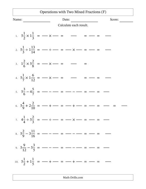 The Operations with Two Mixed Fractions with Unlike Denominators, Mixed Fractions Results and Some Simplifying (Fillable) (F) Math Worksheet