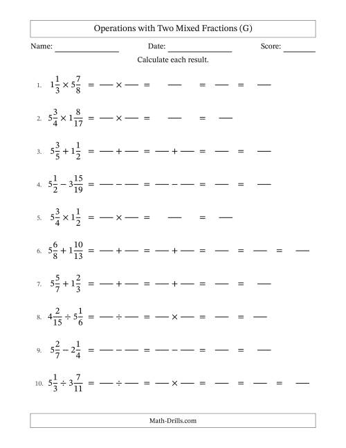 The Operations with Two Mixed Fractions with Unlike Denominators, Mixed Fractions Results and Some Simplifying (Fillable) (G) Math Worksheet
