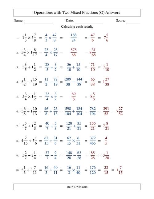 The Operations with Two Mixed Fractions with Unlike Denominators, Mixed Fractions Results and Some Simplifying (Fillable) (G) Math Worksheet Page 2