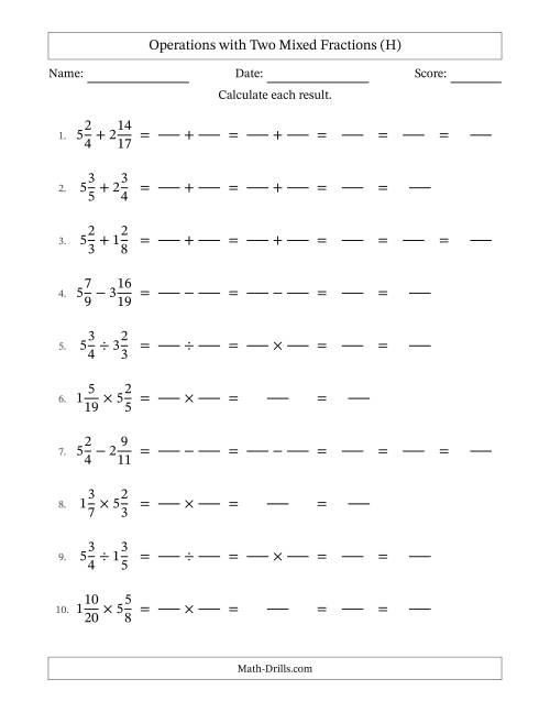 The Operations with Two Mixed Fractions with Unlike Denominators, Mixed Fractions Results and Some Simplifying (Fillable) (H) Math Worksheet